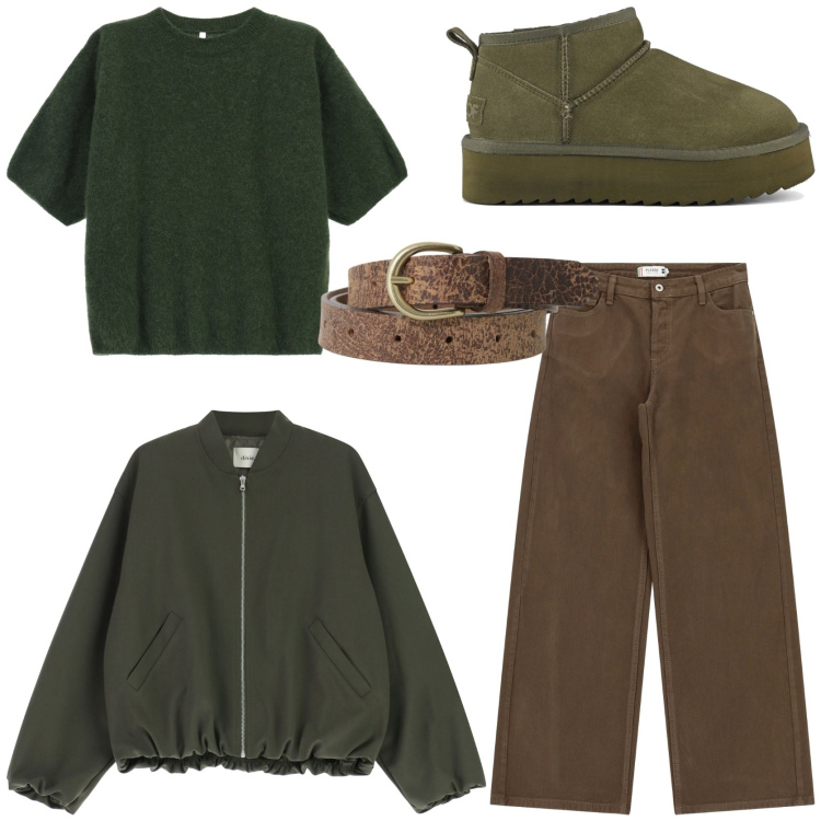 Outfit donna - Passeggiata autunnale al parco. Stile Casual per Tutti i giorni. Abbinamento con pantaloni a palazzo, cinture, bomber, maglieria, stivaletti.