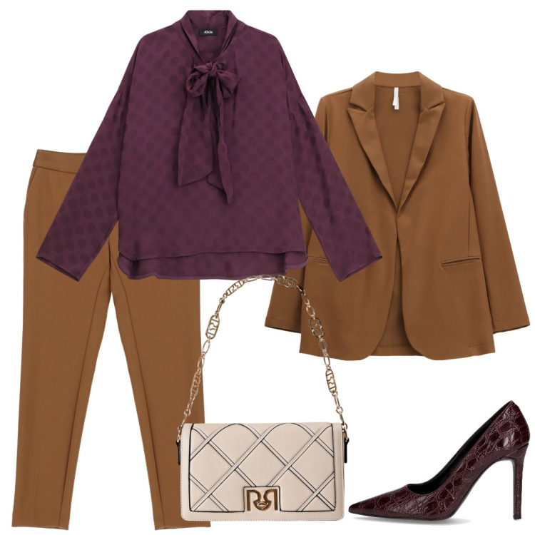 Outfit donna - Mercoledì sera. Stile Basic per Serata fuori. Abbinamento con bluse, borse a tracolla, pantaloni, blazer, décolleté.