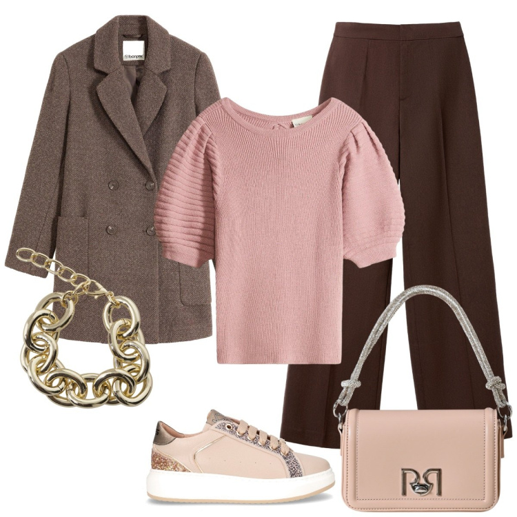 Outfit donna - Giornata libera. Stile Basic per Tutti i giorni. Abbinamento con maglieria, cappotti, pantaloni, borse a mano, braccialetti, sneakers.