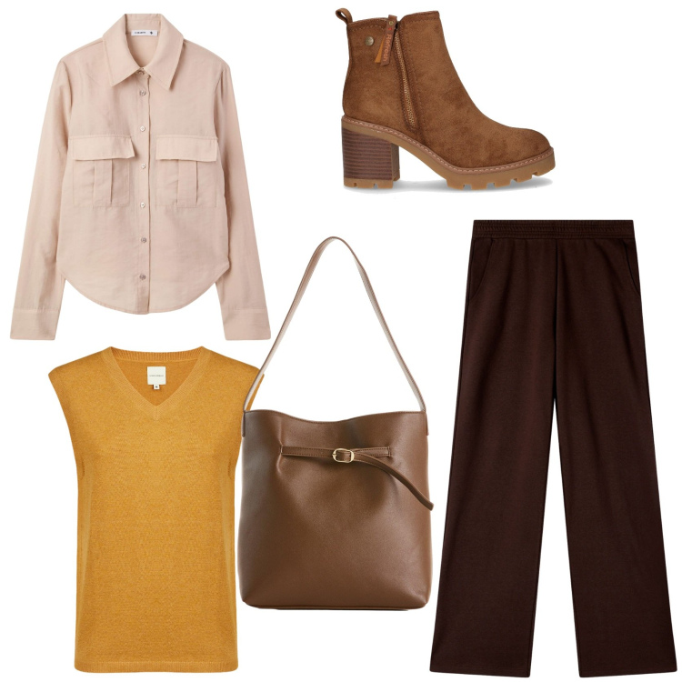 Outfit donna - Colore arancio caldo e autunnale. Stile Casual per Tutti i giorni. Abbinamento con borse a mano, camicie, pantaloni, stivaletti, maglieria.