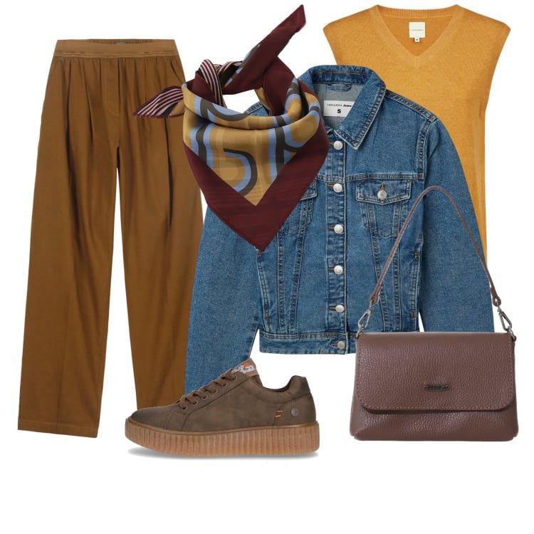 Outfit donna - Passeggiata tra le foglie. Stile Basic per Tutti i giorni. Abbinamento con blazer, borse a tracolla, foulard, pantaloni, sneakers, maglieria.