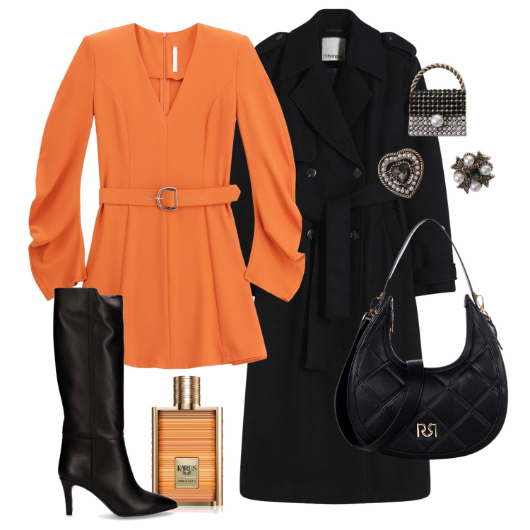 Outfit donna - Arancione di sera - @susystyle. Stile Chic per Serata fuori. Abbinamento con trench, profumi, borse a tracolla, vestiti corti, accessori per capelli, stivali.