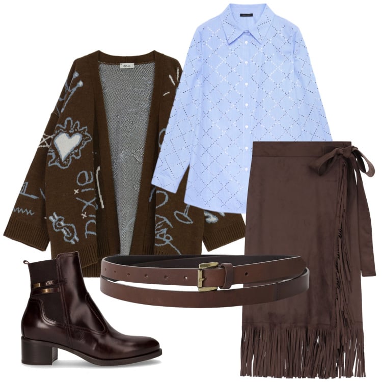 Outfit donna - Total look #2265188. Stile Casual chic per Tutti i giorni. Abbinamento con gonne, cardigans, cinture, stivaletti, camicie.