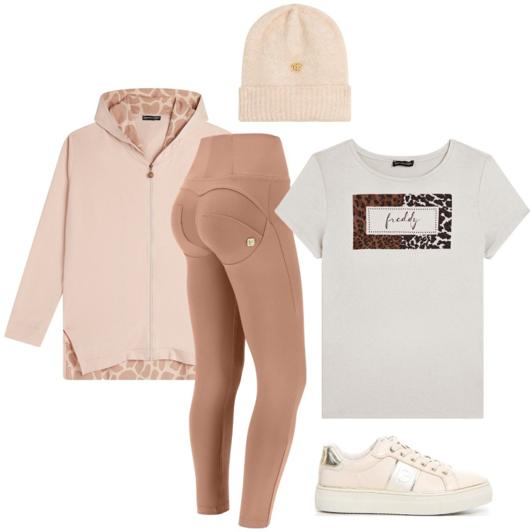 Outfit donna - Passeggiata tra le foglie con Freddy. Stile Casual chic per Sport. Abbinamento con felpe con cappuccio, pantaloni skinny, t-shirt, berretti, sneakers.