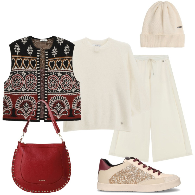 Outfit donna - Passeggiata rilassante. Stile Sporty chic per Sport. Abbinamento con pullovers, borse a spalla, berretti, pantaloni a palazzo, gilet, sneakers.