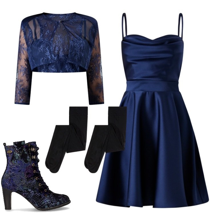 Outfit donna - Total look #2265192. Stile Glamour per Cerimonia. Abbinamento con collant, bolero, vestiti corti, stivaletti.