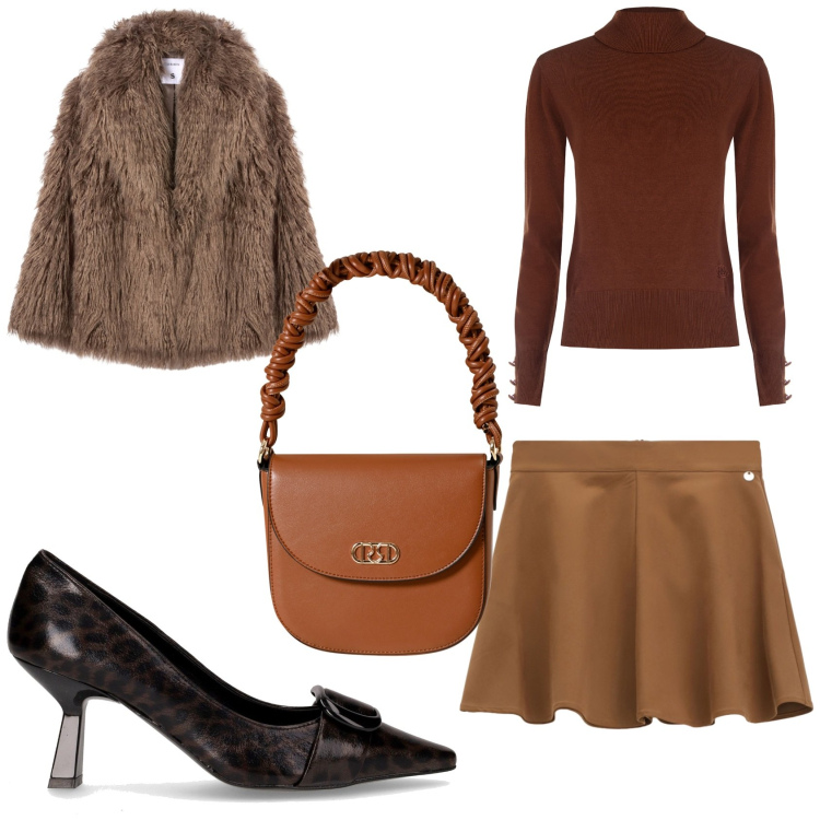 Outfit donna - Sera fuori tra amici. Stile Glamour per Serata fuori. Abbinamento con ecopellicce, maglieria, borse a mano, minigonne, décolleté.