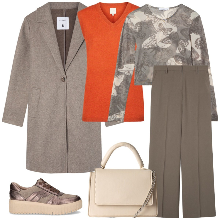 Outfit donna - Total look #2265194. Stile Mannish per Ufficio. Abbinamento con pantaloni a palazzo, t-shirt, borse a tracolla, cappotti, sneakers, maglieria.