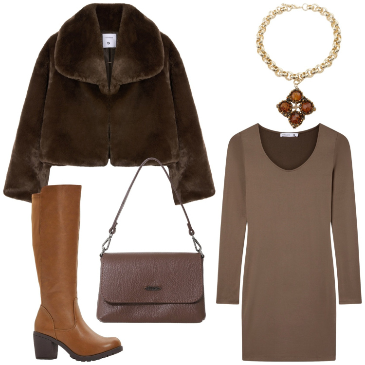 Outfit donna - Choco fan. Stile Chic per Serata fuori. Abbinamento con stivali, vestiti corti, ecopellicce, borse a tracolla, collane.