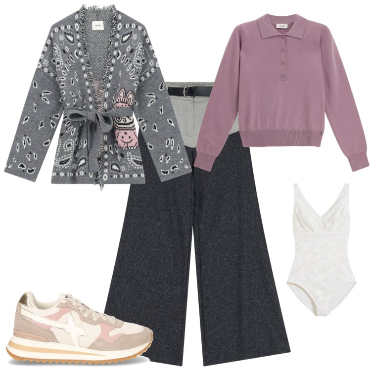 Outfit donna - Total look #2265196. Stile Trendy per Tutti i giorni. Abbinamento con body, cardigans, pullovers, pantaloni a palazzo, sneakers.