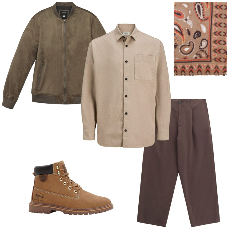Outfit uomo - Color cammello contest. Stile Casual per Tutti i giorni. Abbinamento con camicie, stivali e stivaletti, giacche, pantaloni, sciarpe e foulard.