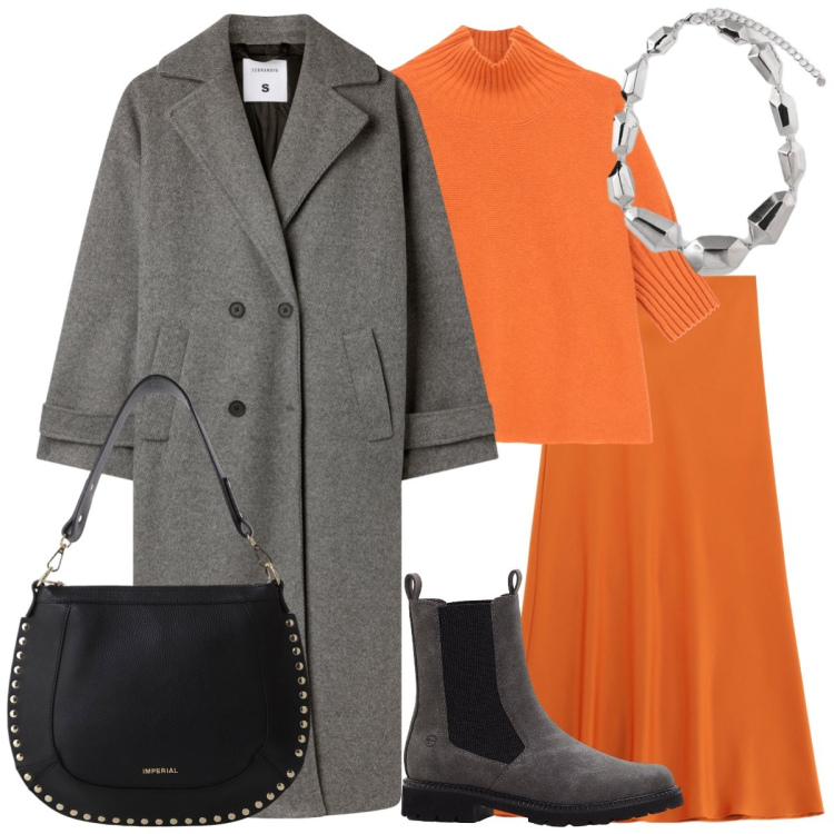 Outfit donna - Total look #2265199. Stile Casual chic per Tutti i giorni. Abbinamento con stivaletti chelsea, cappotti, gonne lunghe, maglieria, borse a spalla, ciondoli.