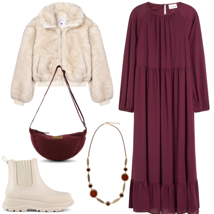 Outfit donna - Total look #2265201. Stile Boho per Tutti i giorni. Abbinamento con vestiti lunghi, ecopellicce, stivali, borse a tracolla, collane.
