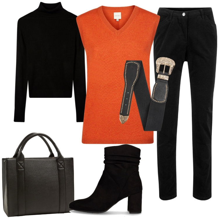 Outfit donna - Il gilet di lana. Stile Basic per Tutti i giorni. Abbinamento con pantaloni, borse tote, maglieria, cinture, maglieria, stivaletti.