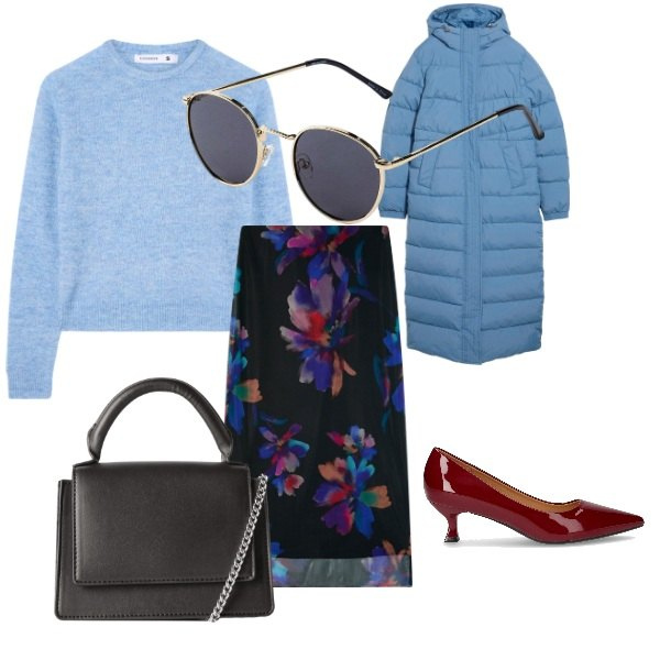 Outfit donna - Un tocco di azzurro. Stile Basic per Tutti i giorni. Abbinamento con cappotti, occhiali da sole, gonne lunghe, borse a tracolla, maglieria, décolleté.