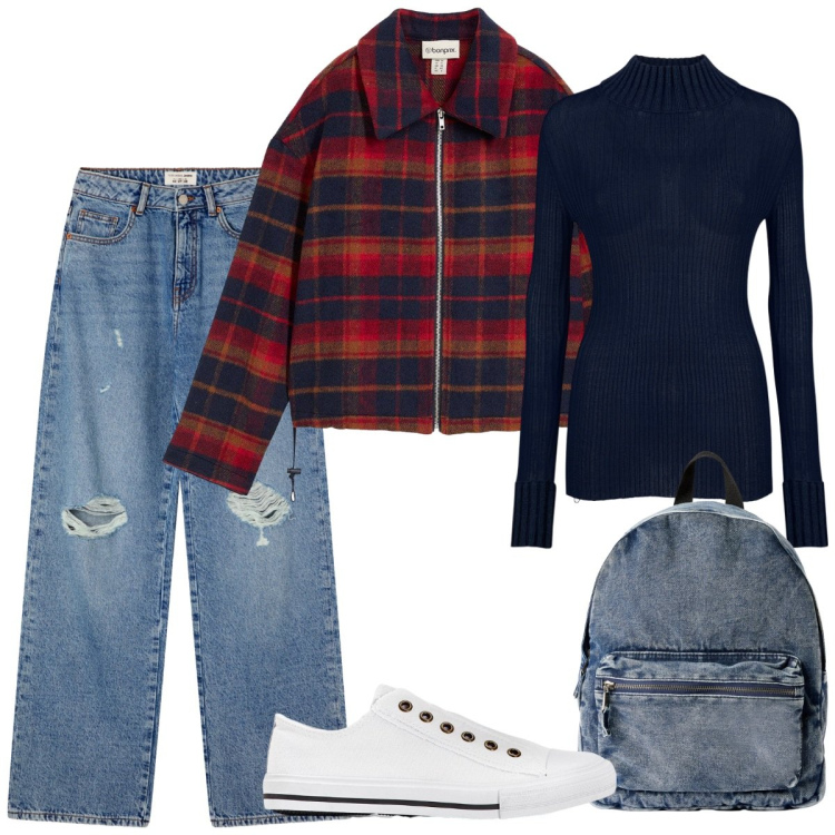 Outfit donna - Università. Stile Basic per Scuola/Università. Abbinamento con sneakers, blazer, zaini, jeans strappati, maglieria.