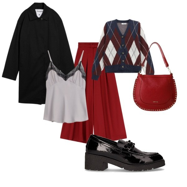 Outfit donna - Rosso e blu. Stile Casual per Ufficio. Abbinamento con trench, cardigans, top, pantaloni a palazzo, borse a spalla, mocassini.