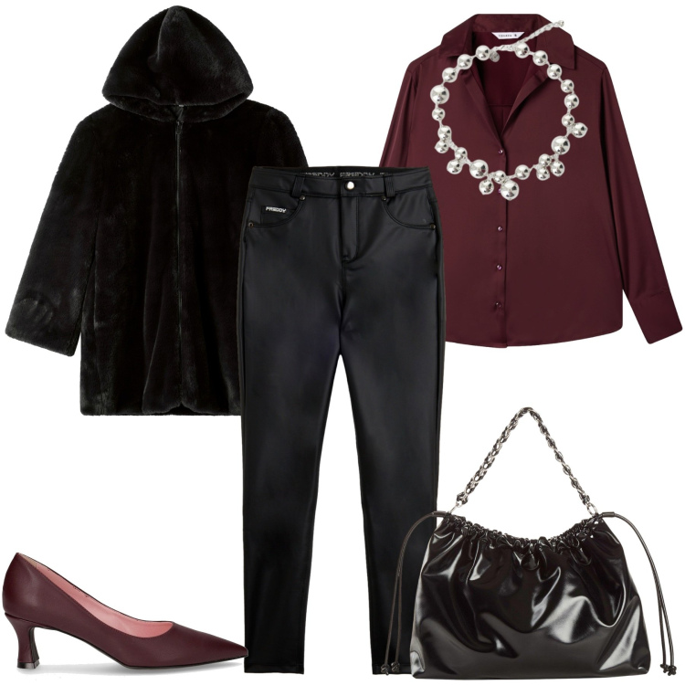 Outfit donna - Serata tra amiche. Stile Casual chic per Serata fuori. Abbinamento con shopping bag, camicie, ecopellicce, collane, pantaloni skinny, décolleté.