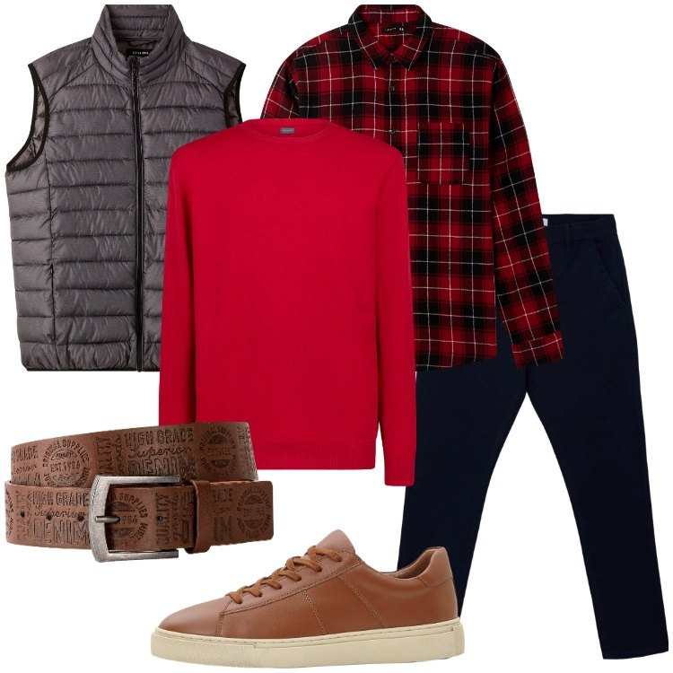 Outfit uomo - Weekend in campagna. Stile Casual per Tutti i giorni. Abbinamento con cinture, sneakers, camicie, pantaloni chino, piumini, maglieria.
