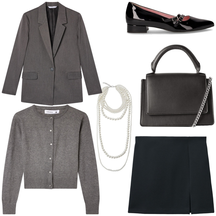 Outfit donna - Serata con gli amici bon ton. Stile Bon Ton per Serata fuori. Abbinamento con minigonne, borse a tracolla, cardigans, blazer, collane, ballerine.