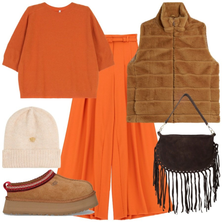 Outfit donna - Arancione a ottobre. Stile Sporty chic per Tutti i giorni. Abbinamento con pantaloni a palazzo, maglieria, gilet, berretti, borse a tracolla, stivaletti.
