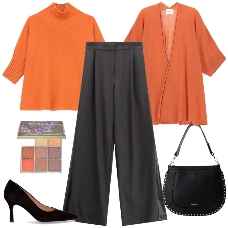 Outfit donna - Arancione a ottobre. Stile Urban per Ufficio. Abbinamento con ombretti, pantaloni, maglieria, borse a spalla, cardigans, décolleté.