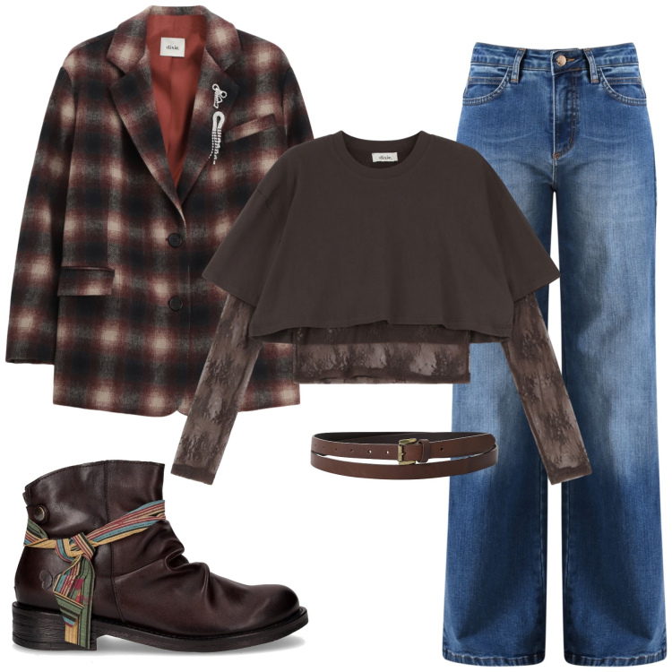 Outfit donna - Colorí autunnali. Stile Glamour per Tutti i giorni. Abbinamento con cinture, blazer, top, jeans, stivaletti chelsea.