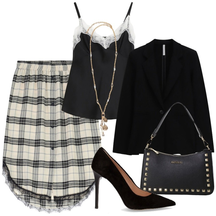 Outfit donna - Serata con gli amici. Stile Casual chic per Serata fuori. Abbinamento con pochette, blazer, top, gonne, ciondoli, décolleté.