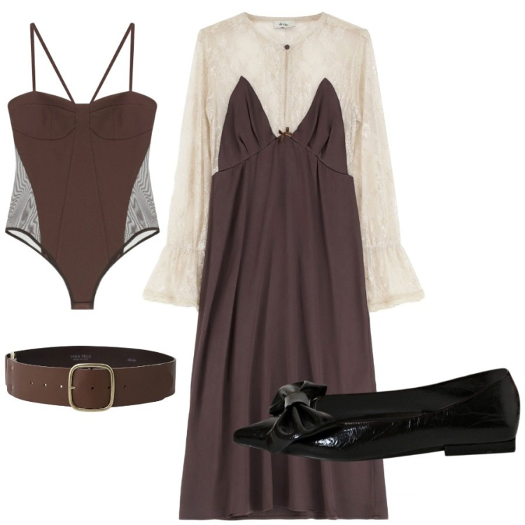 Outfit donna - Serata con gli amici a casa. Stile Chic per Serata fuori. Abbinamento con cinture, vestiti midi/longuette, ballerine, body.