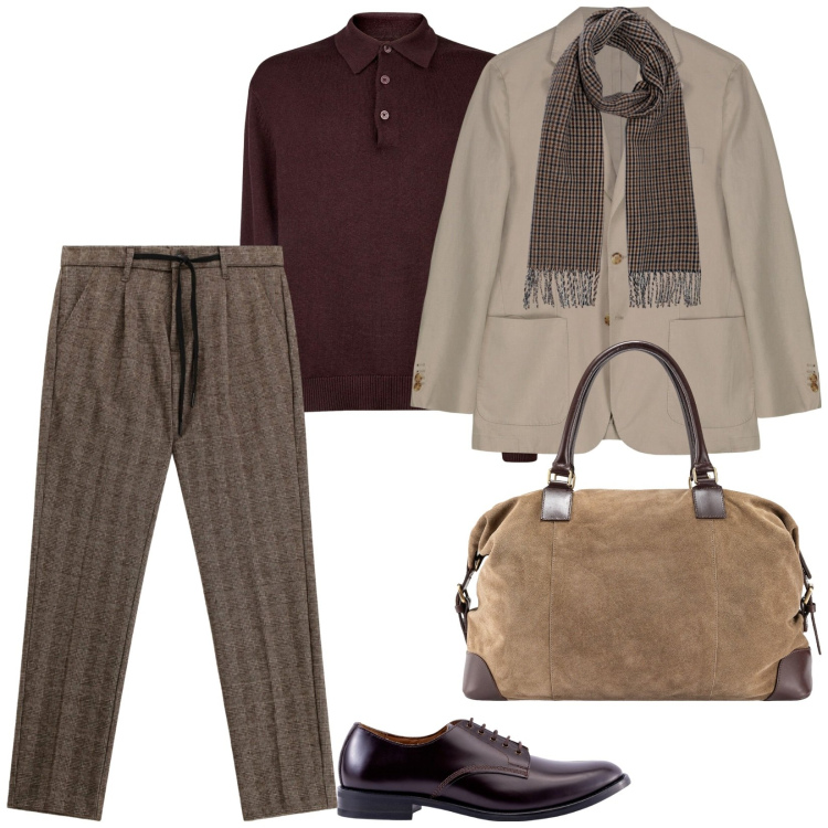 Outfit uomo - Viaggio di lavoro. Stile Business/Elegante per Ufficio. Abbinamento con pantaloni, giacche, scarpe stringate, borse sportive, sciarpe, polo.