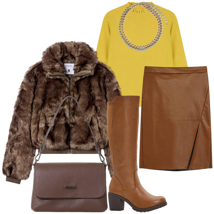 Outfit donna - Passeggiata tra le foglie. Stile Glamour per Tutti i giorni. Abbinamento con stivali, gonne longuette, ecopellicce, maglieria, borse a tracolla, collane.