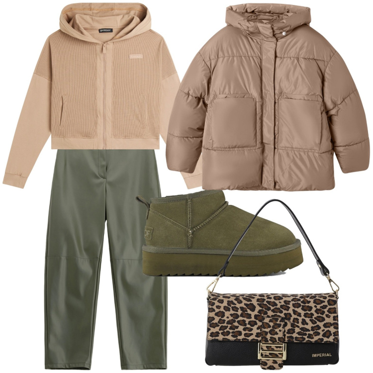 Outfit donna - Passeggiata tra le foglie. Stile Minimal per Tutti i giorni. Abbinamento con bomber, pantaloni, borse a spalla, felpe con cappuccio, stivaletti.