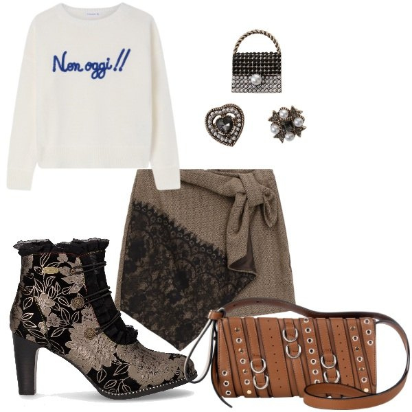 Outfit donna - saldi di mezza stagione Bantoa. Stile Glamour per Tutti i giorni. Abbinamento con maglieria, minigonne, borse a spalla, accessori per capelli, stivaletti.
