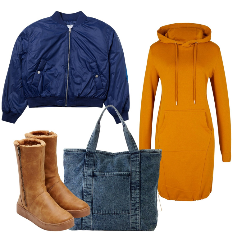 Outfit donna - Arancione a ottobre. Stile Minimal per Tutti i giorni. Abbinamento con stivali, shopping bag, vestiti, bomber.