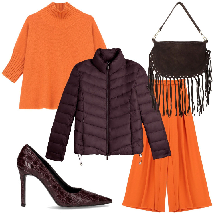 Outfit donna - Arancione a ottobre. Stile Casual per Tutti i giorni. Abbinamento con pantaloni a palazzo, maglieria, borse a tracolla, piumini, décolleté.