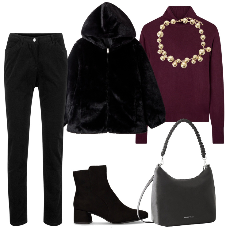 Outfit donna - Serata tra amiche. Stile Casual chic per Serata fuori. Abbinamento con pantaloni, borse a mano, maglieria, ecopellicce, collane, stivaletti.