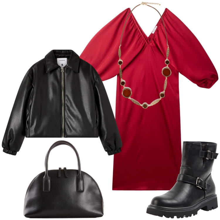 Outfit donna - Serata con gli amici. Stile Glamour per Serata fuori. Abbinamento con shopping bag, vestiti lunghi, bomber, stivaletti, collane.