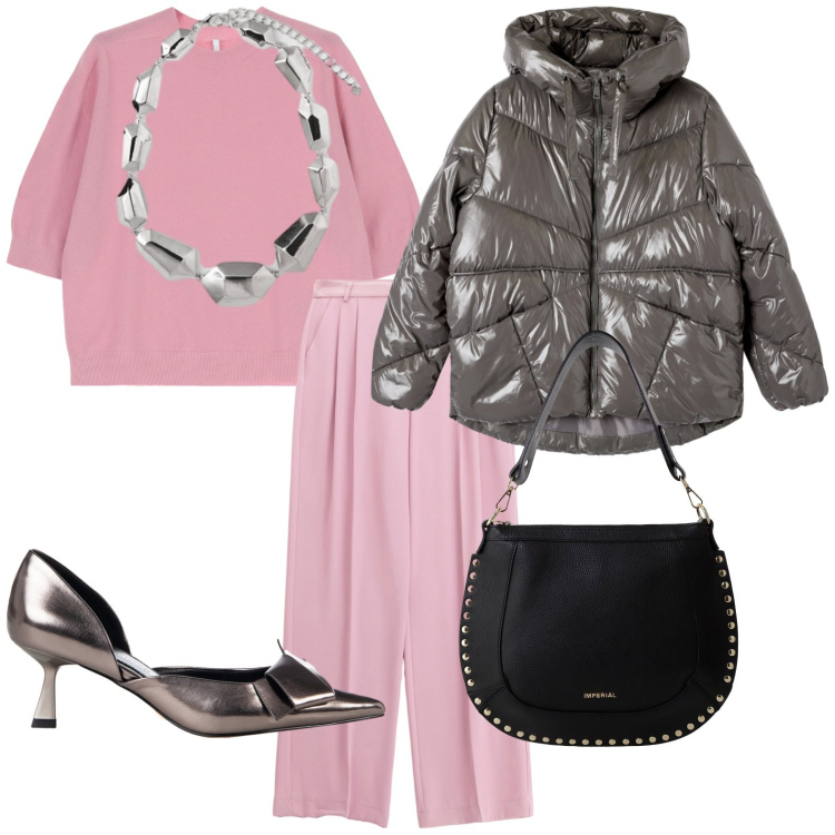 Outfit donna - Serata con gli amici. Stile Glamour per Serata fuori. Abbinamento con bomber, décolleté, maglieria, borse a spalla, pantaloni, ciondoli.
