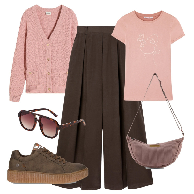 Outfit donna - Passeggiata autunnale!. Stile Minimal per Tutti i giorni. Abbinamento con cardigans, occhiali da sole, t-shirt, pantaloni, borse a tracolla, sneakers.
