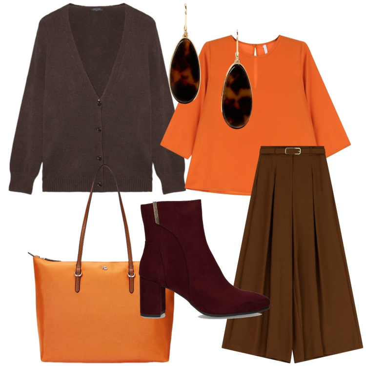 Outfit donna - Serata tra amiche - Focus Donna Curvy. Stile Minimal per Serata fuori. Abbinamento con pantaloni, top, orecchini, borse tote, stivaletti, cardigans.