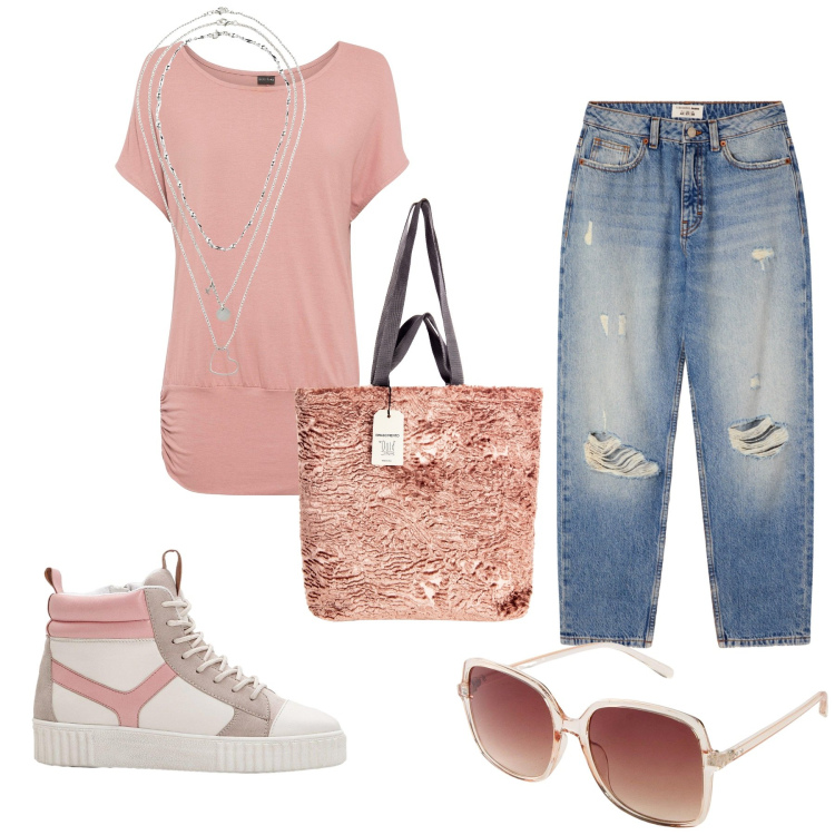 Outfit donna - Pomeriggio con amiche. Stile Casual chic per Tutti i giorni. Abbinamento con maglieria, collane, occhiali da sole, sneakers alte, jeans mom, borse tote.