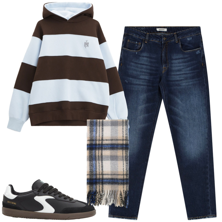 Outfit uomo - Total look #2265255. Stile Casual per Tutti i giorni. Abbinamento con sneakers, jeans dritti, sciarpe, felpe con cappuccio.