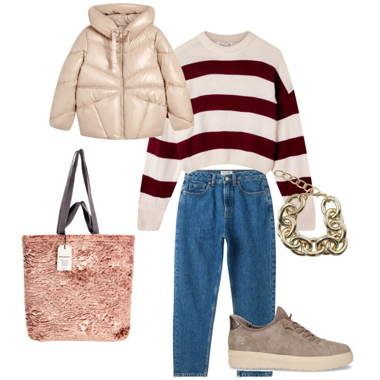 Outfit donna - Scampagnata. Stile Casual per Tutti i giorni. Abbinamento con jeans mom, maglieria, giacche, borse tote, braccialetti, sneakers.