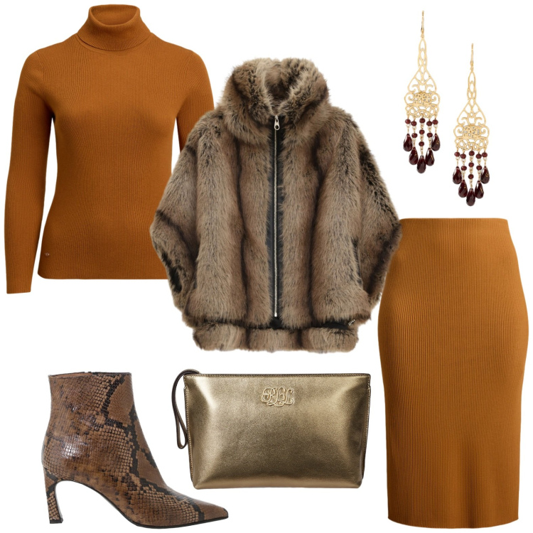 Outfit donna - Serata tra amiche - Focus Donna Curvy. Stile Glamour per Serata fuori. Abbinamento con blazer, stivaletti, gonne, maglieria, orecchini, pochette.