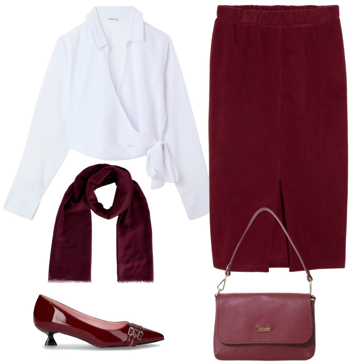 Outfit donna - Look per ufficio. Stile Chic per Ufficio. Abbinamento con gonne longuette, camicie, foulard, borse a tracolla, décolleté.