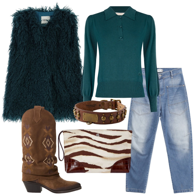 Outfit donna - Serata tra amiche - Focus Donna Curvy. Stile Etnico per Serata fuori. Abbinamento con jeans, gilet, stivali, polo, anelli, pochette.