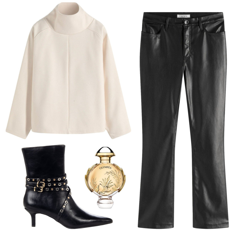 Outfit donna - Il venerdì. Stile Glamour per Serata fuori. Abbinamento con pantaloni, maglieria, profumi, stivaletti.