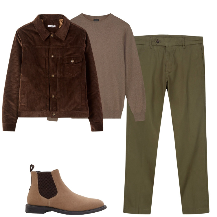 Outfit uomo - Total look #2265277. Stile Urban per Tutti i giorni. Abbinamento con stivali e stivaletti, giacche, pantaloni chino, maglieria.
