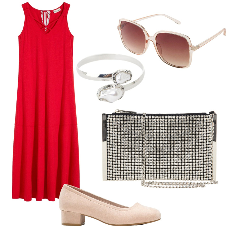 Outfit donna - Rosso passione. Stile Glamour per Tutti i giorni. Abbinamento con vestiti lunghi, décolleté, occhiali da sole, pochette, braccialetti.