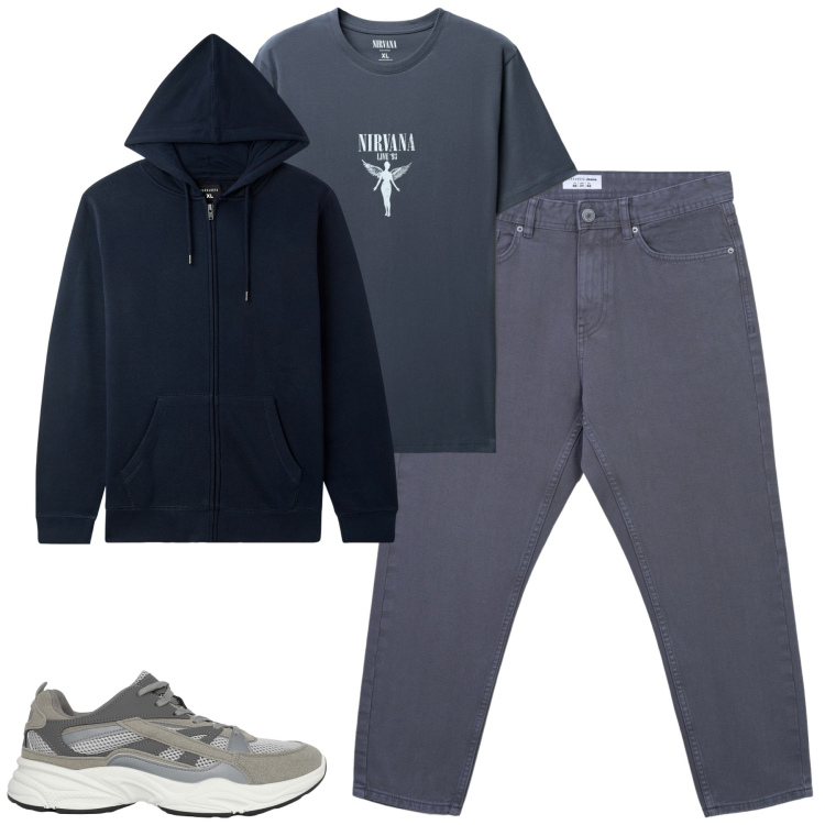 Outfit uomo - Total look #2265285. Stile Casual per Tutti i giorni. Abbinamento con felpe con cappuccio, sneakers, jeans, t-shirt.
